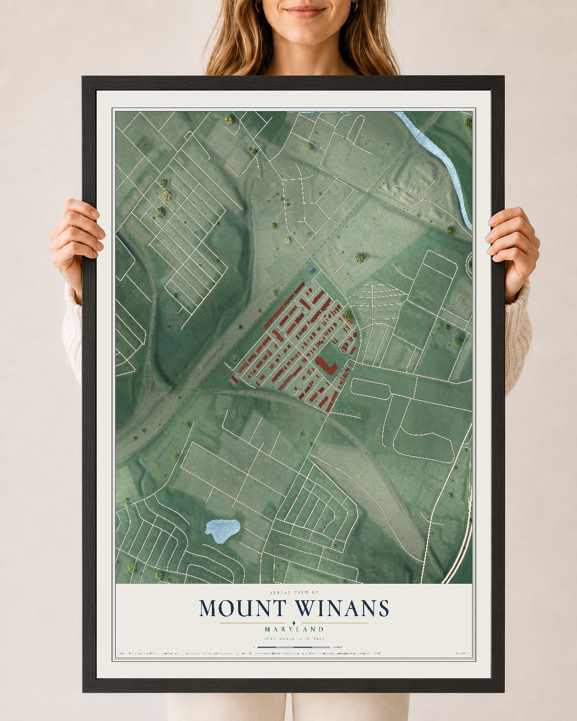 Map of Mount Winans, Maryland, 24 x 36 inch print in a black wood frame