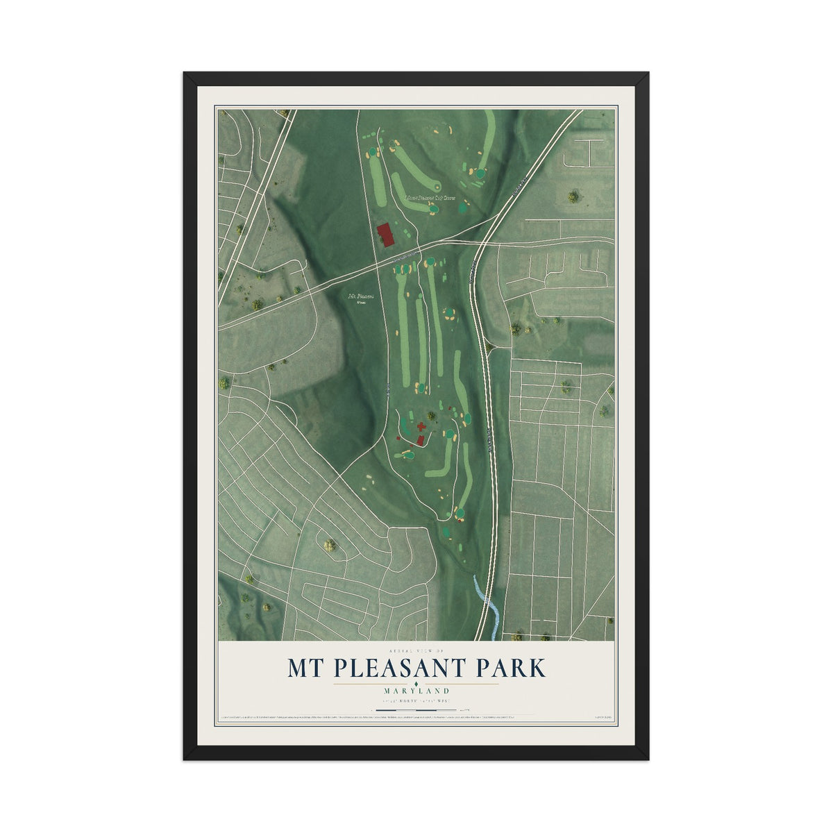 Map of Mt Pleasant Park, Maryland, 12 x 18 inch print in a black wood frame