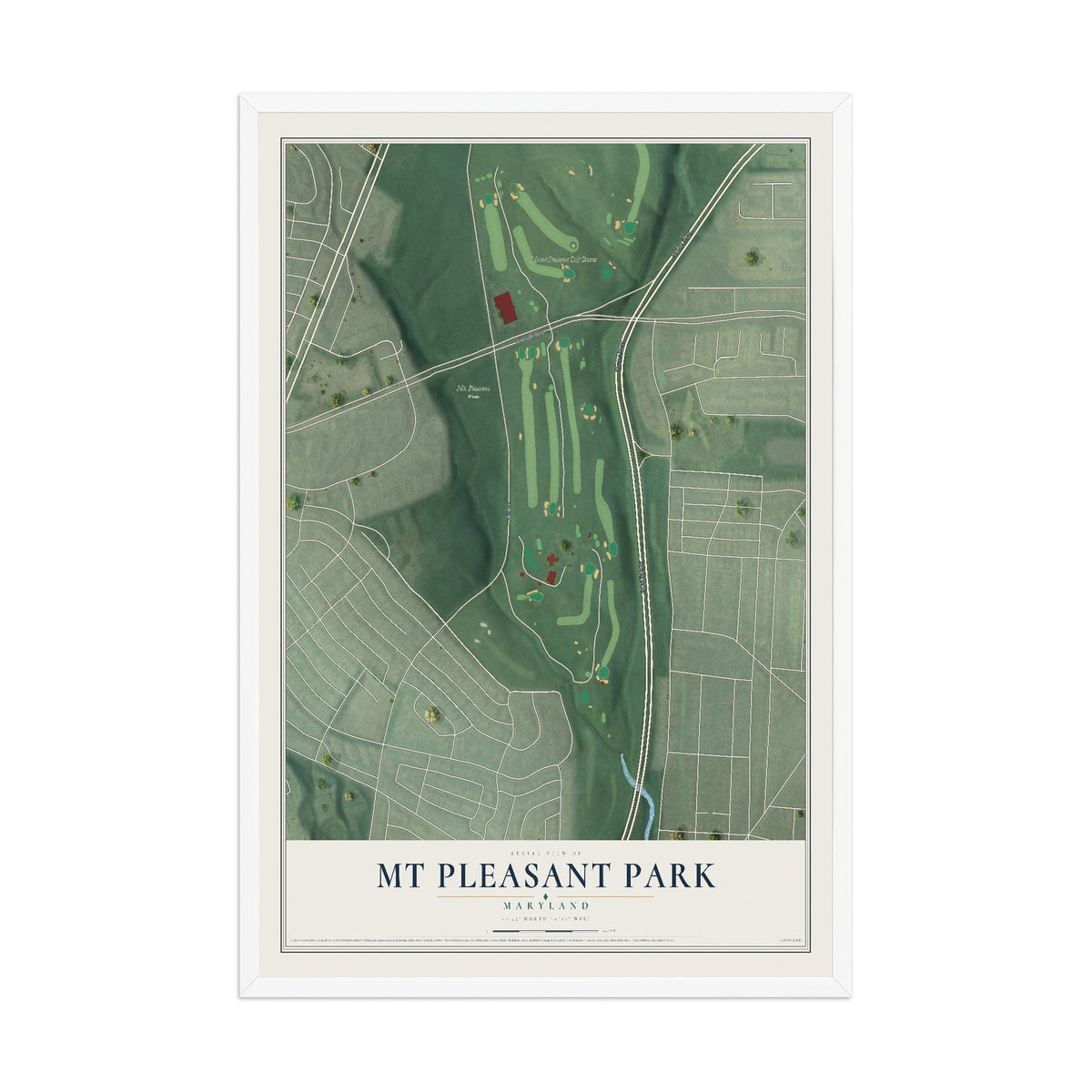 Map of Mt Pleasant Park, Maryland, 12 x 18 inch print in a white wood frame