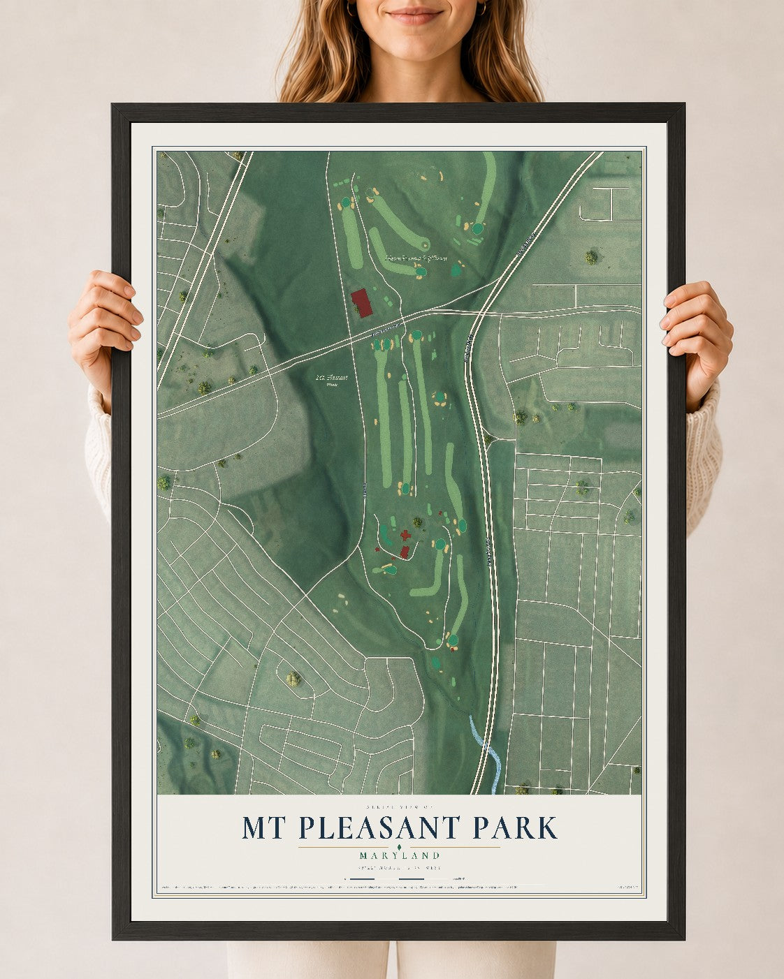 Map of Mt Pleasant Park, Maryland, 24 x 36 inch print in a black wood frame