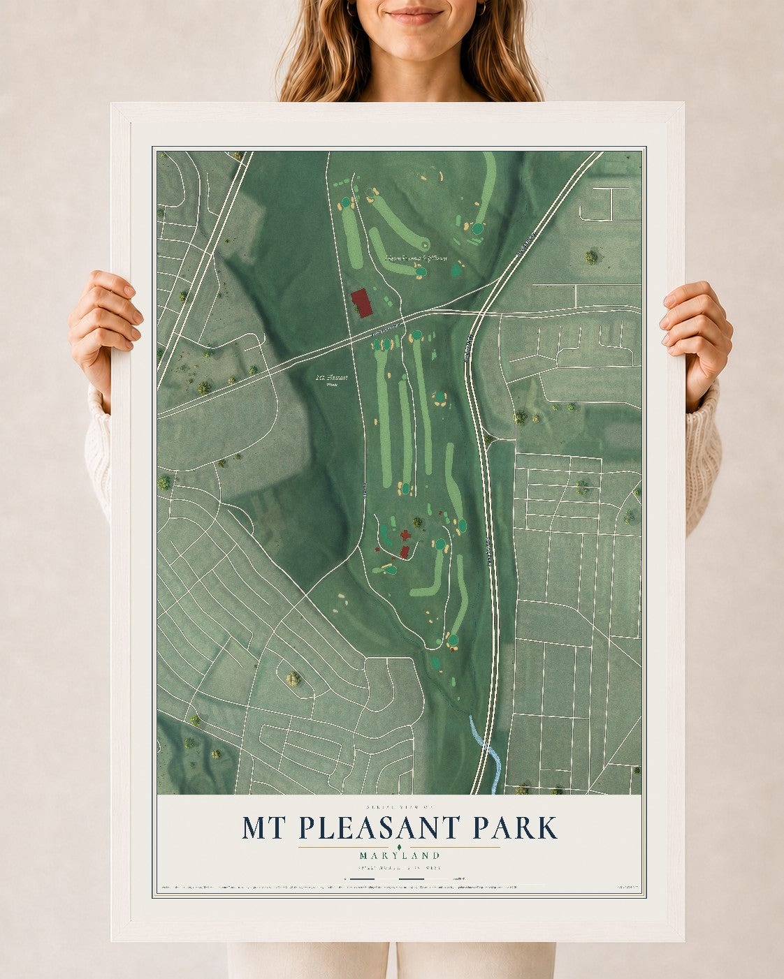 Map of Mt Pleasant Park, Maryland, 24 x 36 inch print in a white wood frame