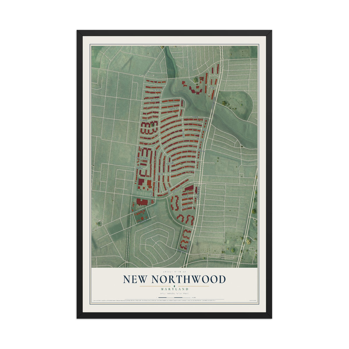 Map of New Northwood, Maryland, 12 x 18 inch print in a black wood frame