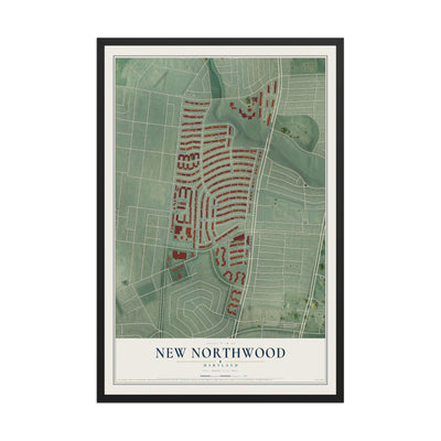 Map of New Northwood, Maryland, 12 x 18 inch print in a black wood frame