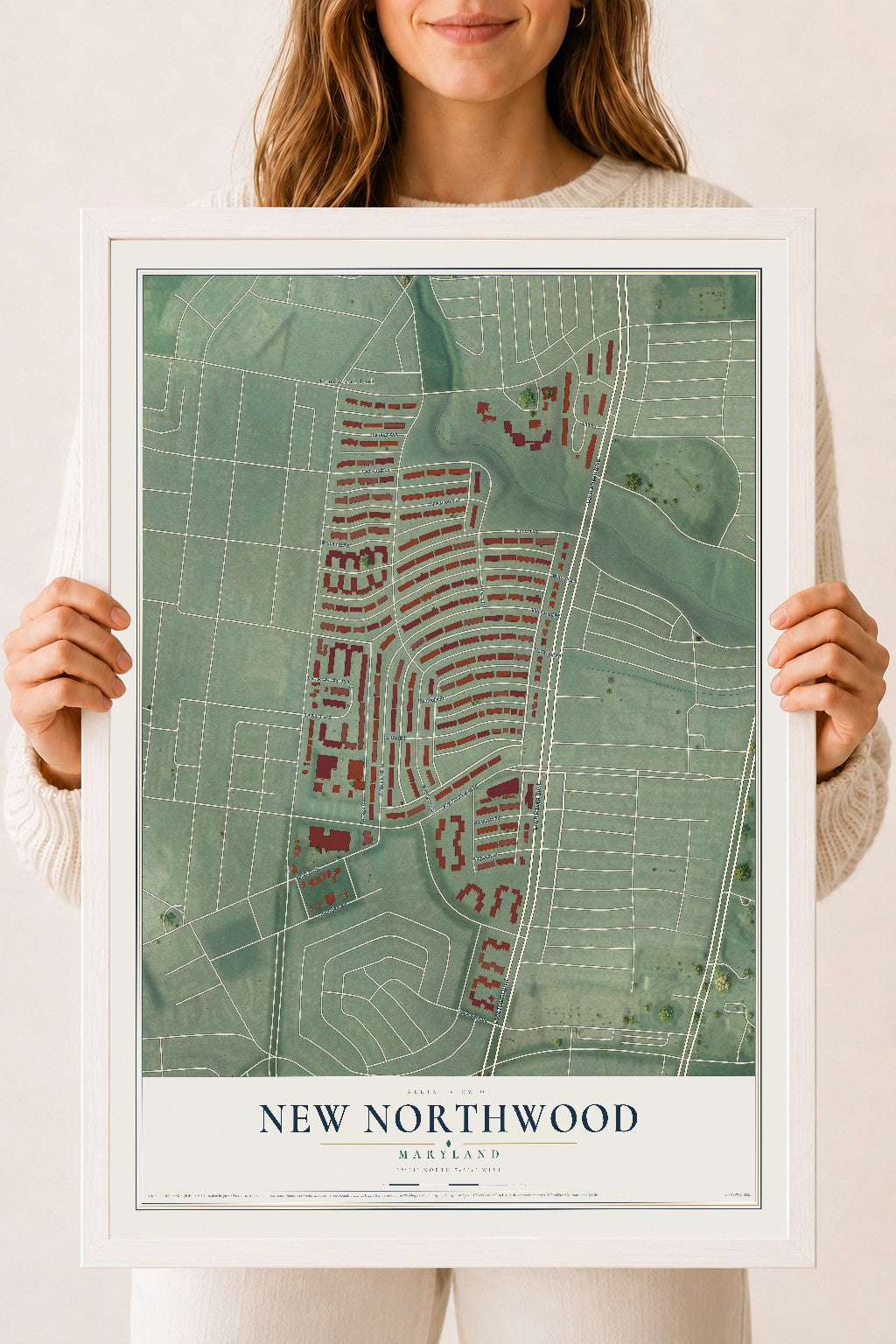 Map of New Northwood, Maryland, 18 x 24 inch print in a white wood frame