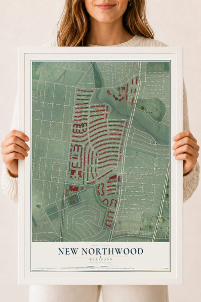 Map of New Northwood, Maryland, 18 x 24 inch print in a white wood frame