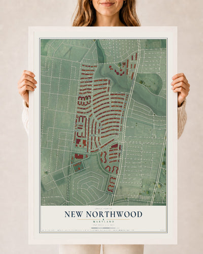 Map of New Northwood, Maryland, 24 x 36 inch print in a white wood frame