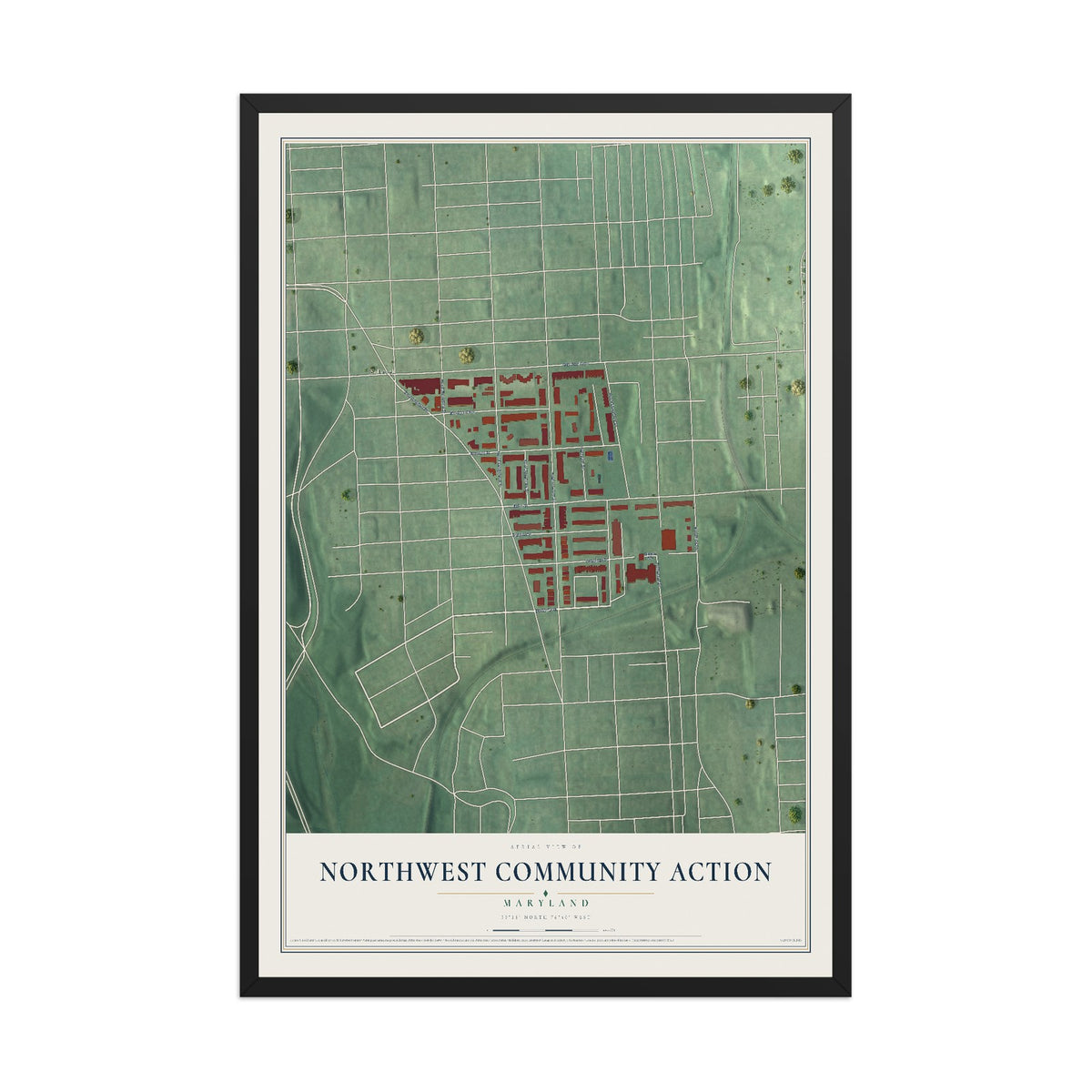Map of Northwest Community Action, Maryland, 12 x 18 inch print in a black wood frame
