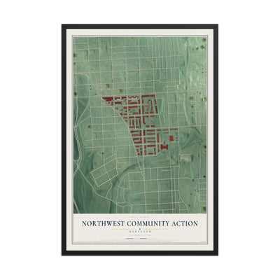 Map of Northwest Community Action, Maryland, 12 x 18 inch print in a black wood frame