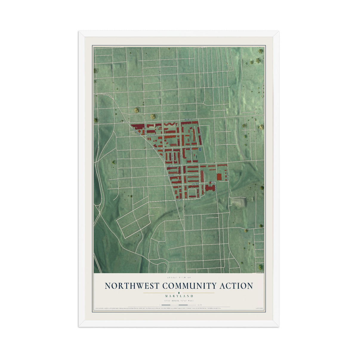 Map of Northwest Community Action, Maryland, 12 x 18 inch print in a white wood frame