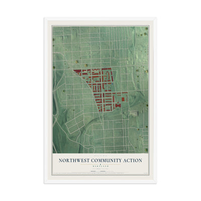 Map of Northwest Community Action, Maryland, 12 x 18 inch print in a white wood frame