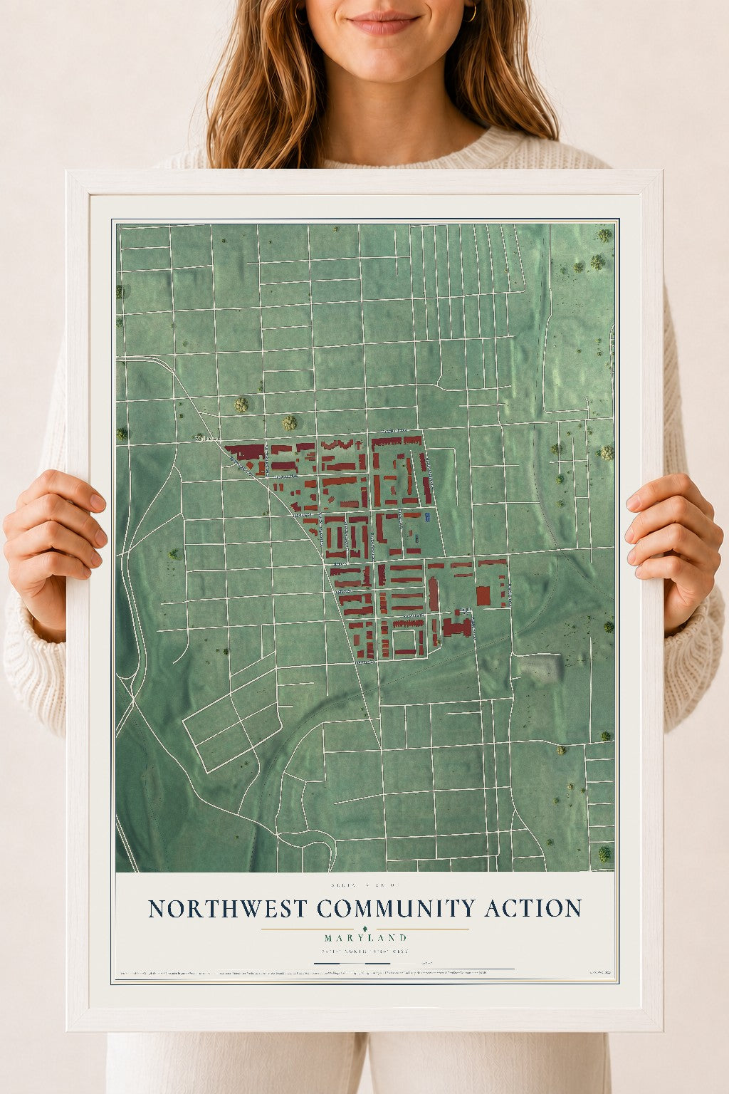 Map of Northwest Community Action, Maryland, 18 x 24 inch print in a white wood frame