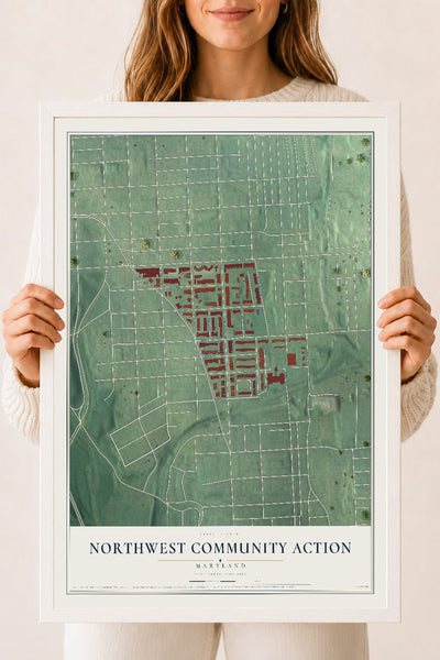 Map of Northwest Community Action, Maryland, 18 x 24 inch print in a white wood frame