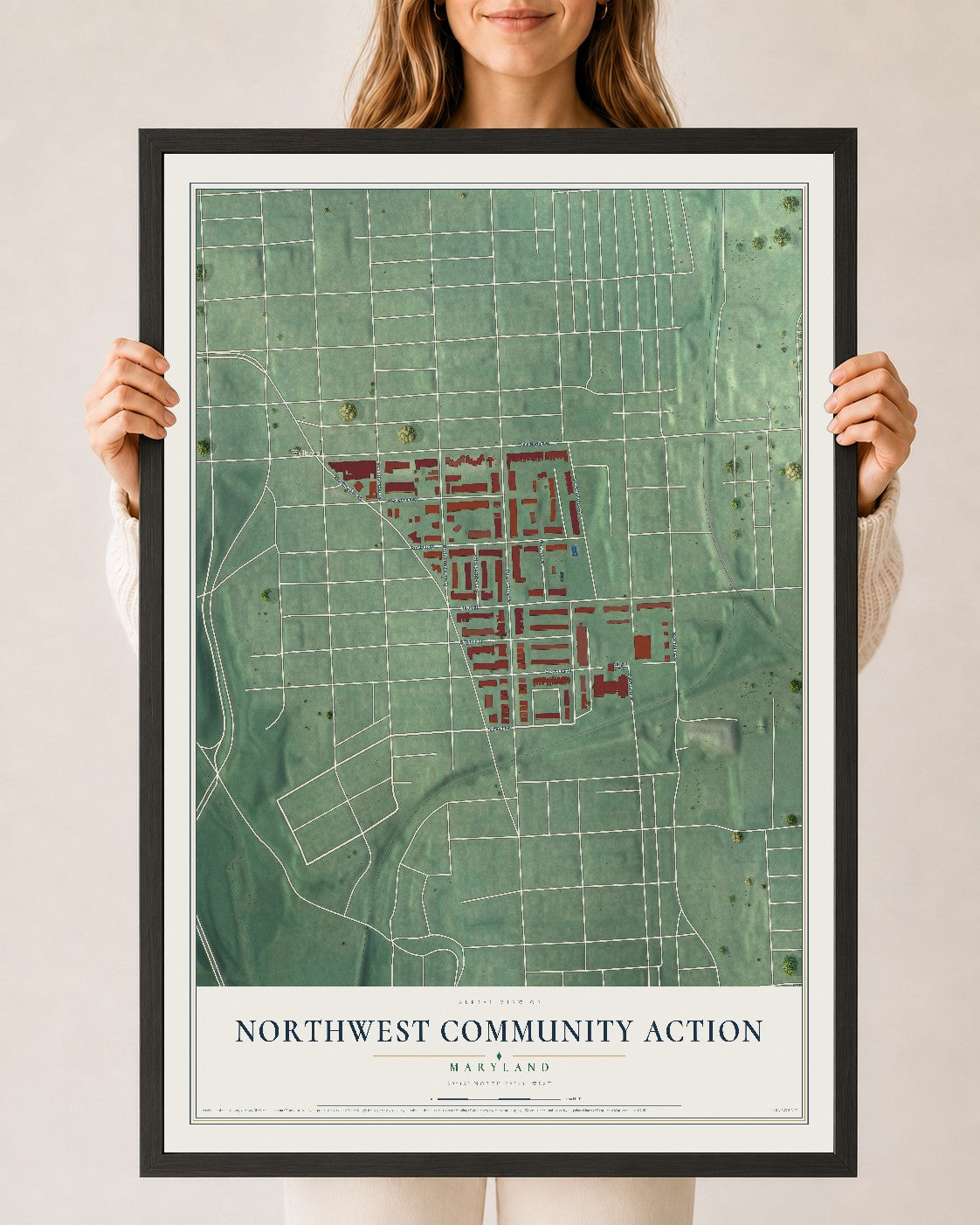 Map of Northwest Community Action, Maryland, 24 x 36 inch print in a black wood frame