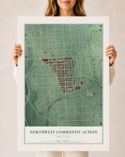 Map of Northwest Community Action, Maryland, 24 x 36 inch print in a white wood frame