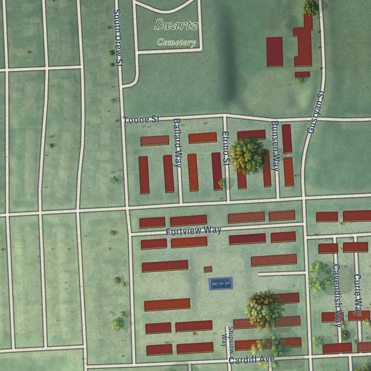 Close-up of the map of O'Donnell Heights, Maryland print showing street and building detail