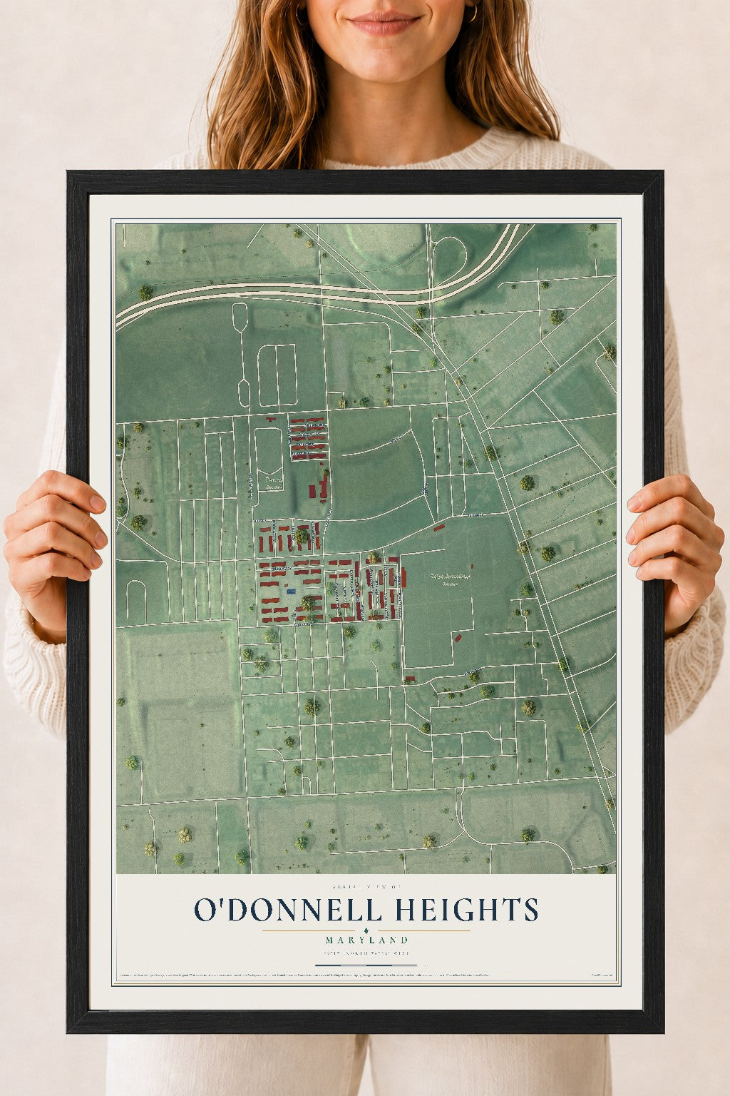 Map of O'Donnell Heights, Maryland, 18 x 24 inch print in a black wood frame