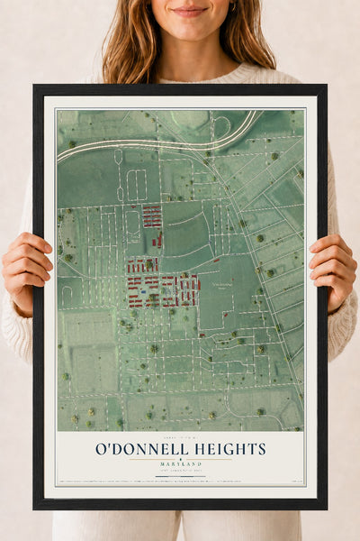 Map of O'Donnell Heights, Maryland, 18 x 24 inch print in a black wood frame