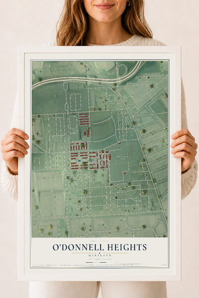 Map of O'Donnell Heights, Maryland, 18 x 24 inch print in a white wood frame