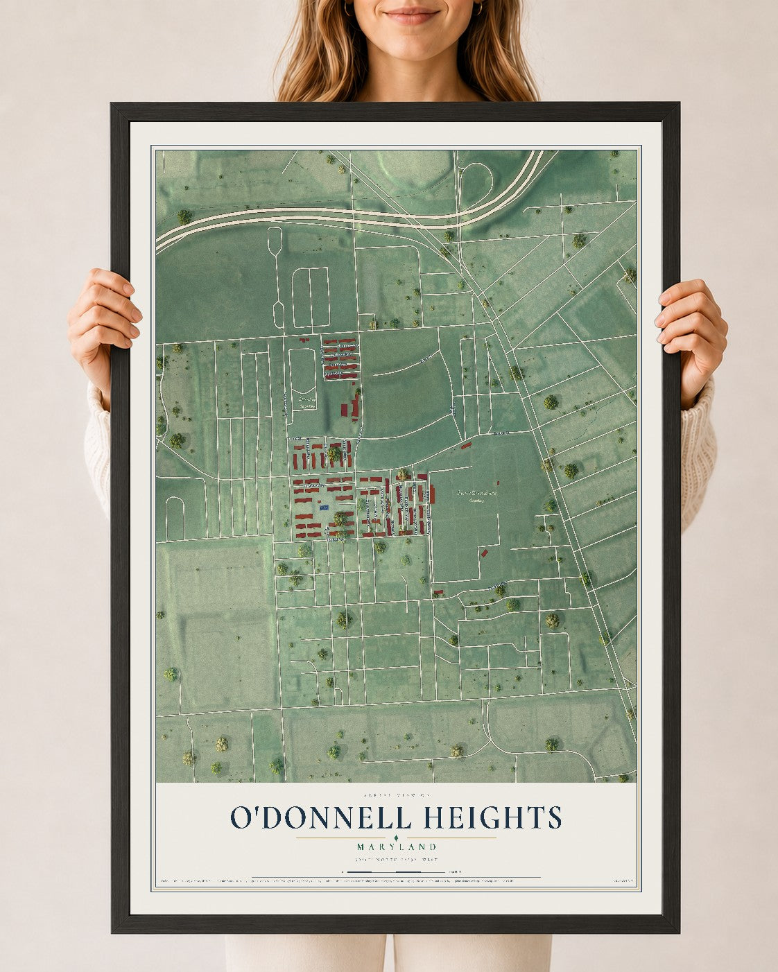 Map of O'Donnell Heights, Maryland, 24 x 36 inch print in a black wood frame