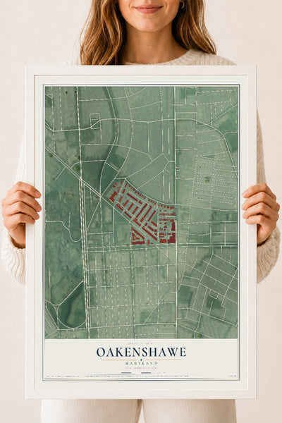 Map of Oakenshawe, Maryland, 18 x 24 inch print in a white wood frame
