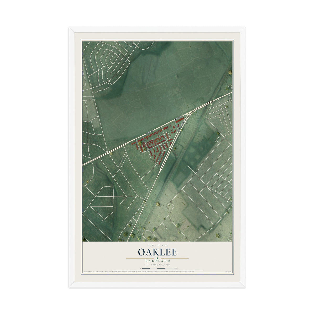 Map of Oaklee, Maryland, 12 x 18 inch print in a white wood frame