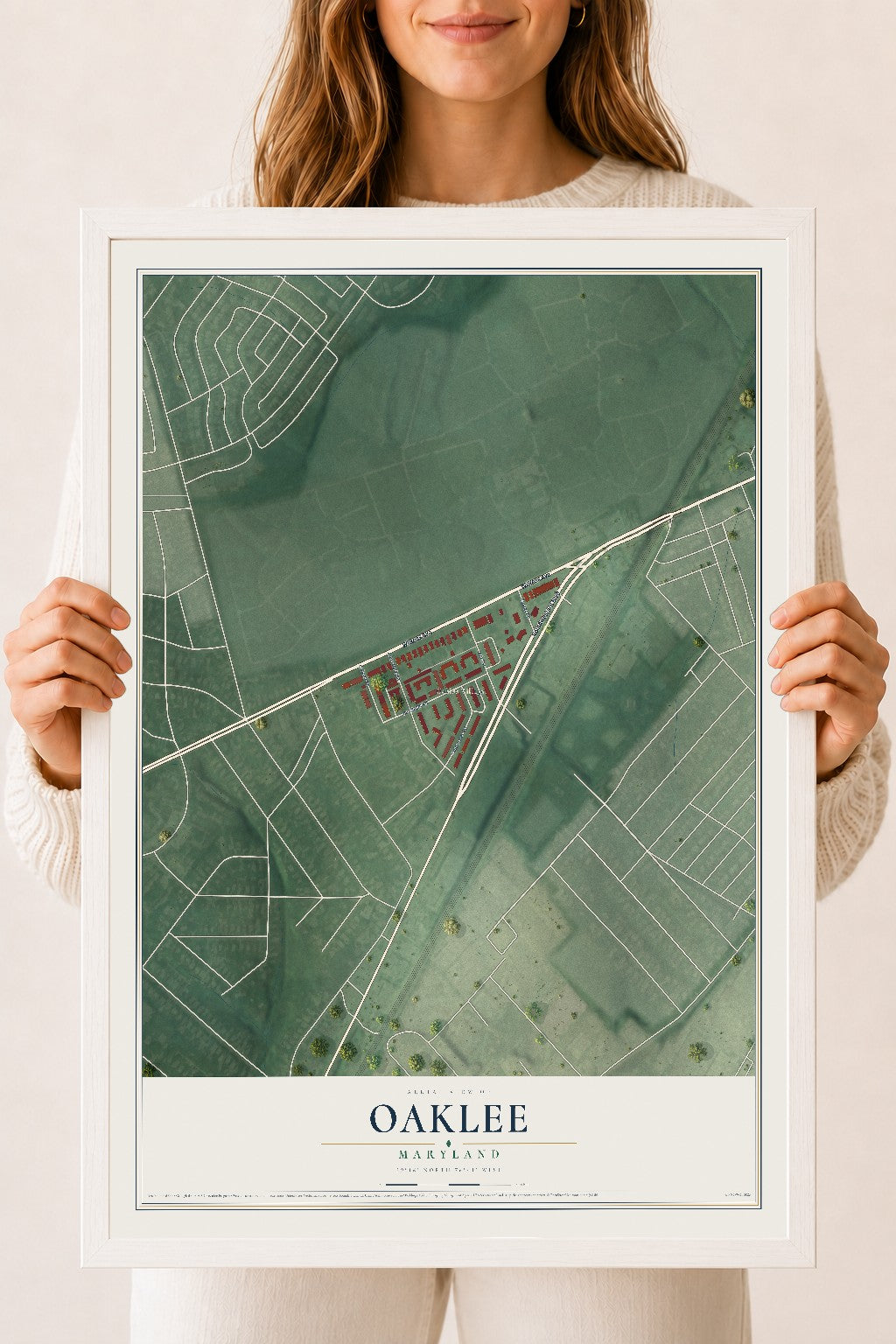 Map of Oaklee, Maryland, 18 x 24 inch print in a white wood frame
