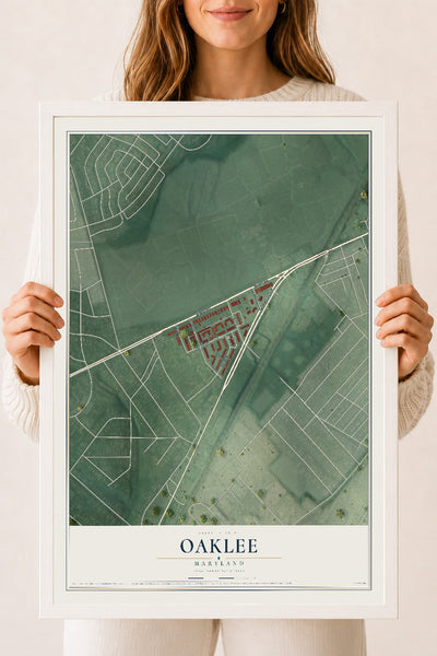 Map of Oaklee, Maryland, 18 x 24 inch print in a white wood frame