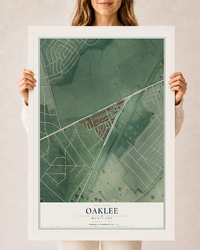 Map of Oaklee, Maryland, 24 x 36 inch print in a white wood frame