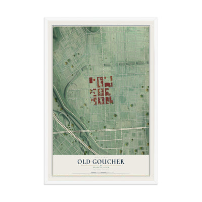 Map of Old Goucher, Maryland, 12 x 18 inch print in a white wood frame