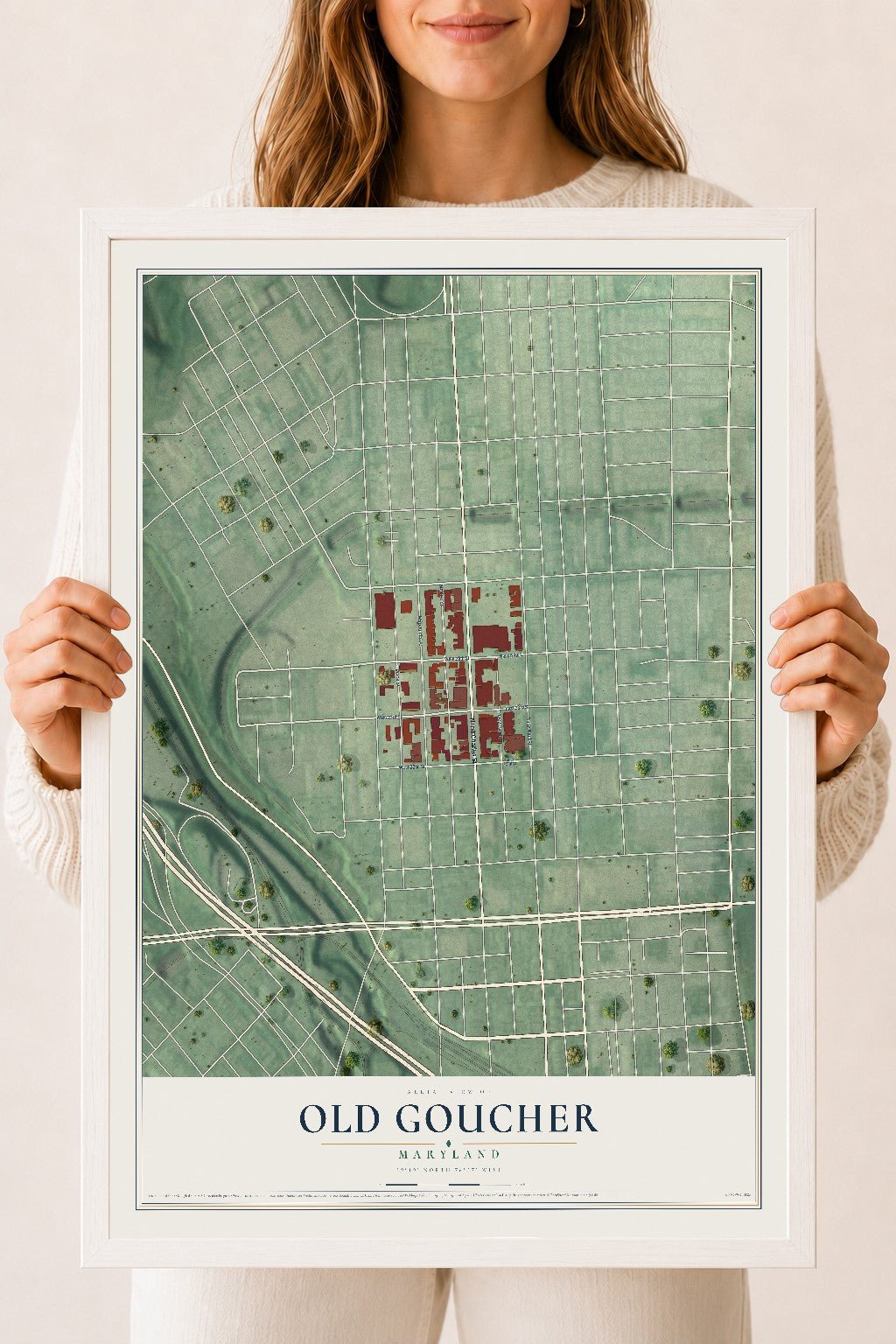 Map of Old Goucher, Maryland, 18 x 24 inch print in a white wood frame