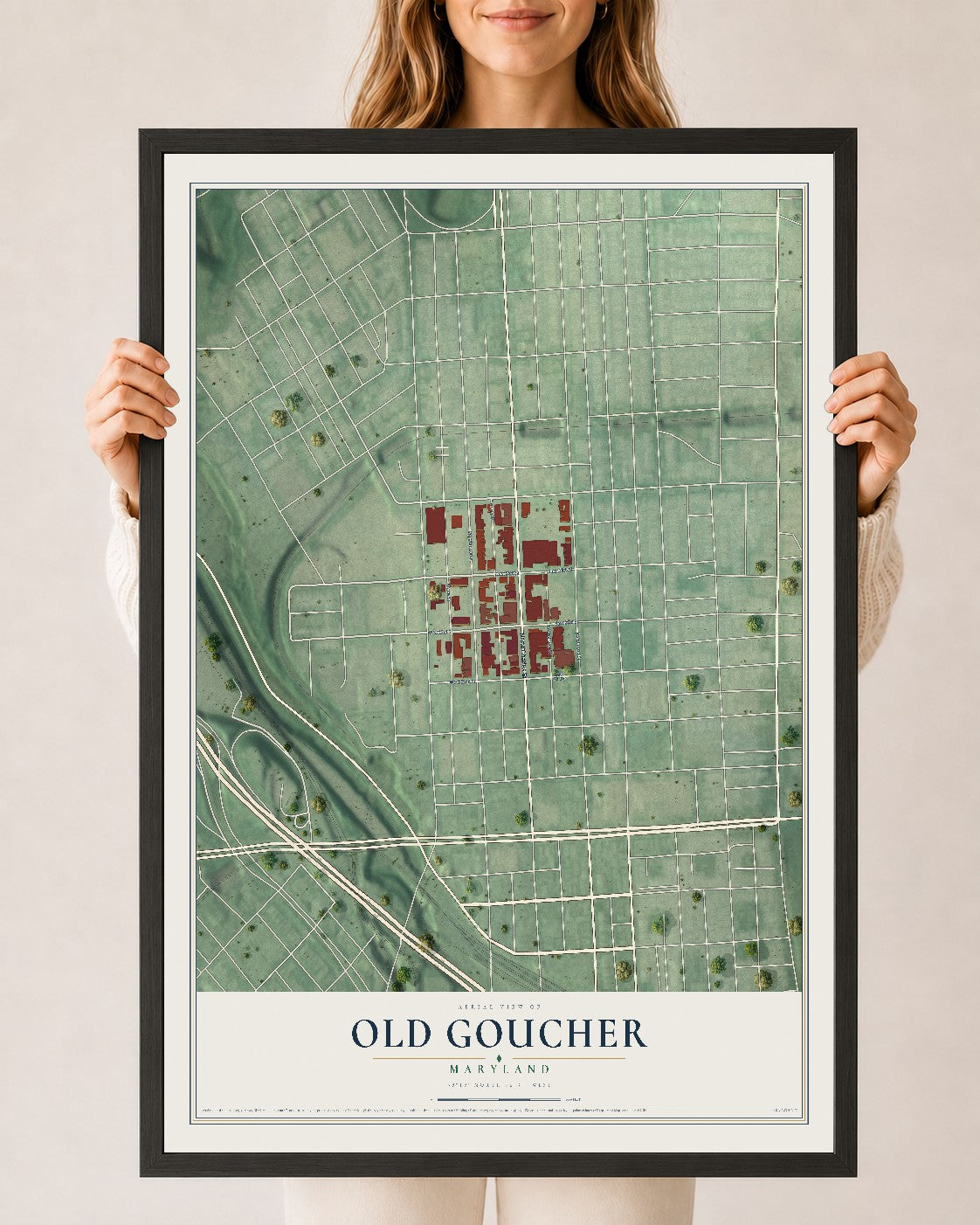 Map of Old Goucher, Maryland, 24 x 36 inch print in a black wood frame