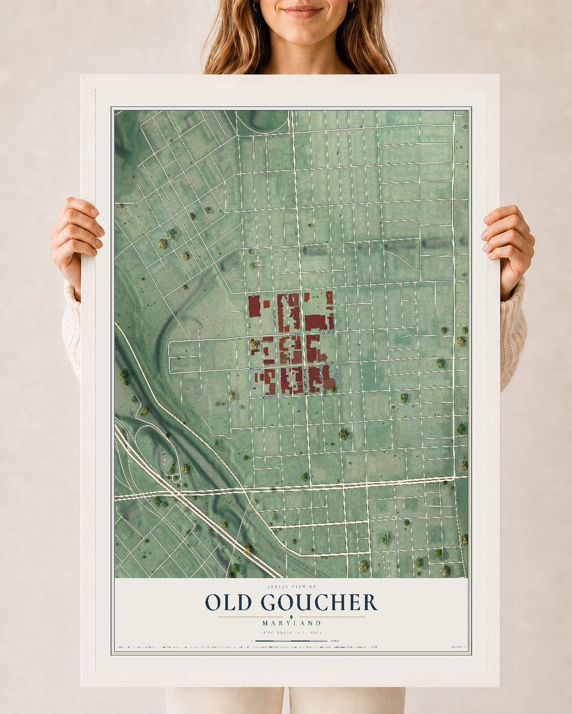 Map of Old Goucher, Maryland, 24 x 36 inch print in a white wood frame