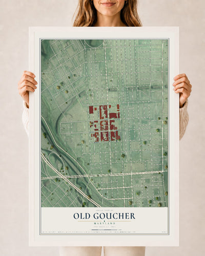 Map of Old Goucher, Maryland, 24 x 36 inch print in a white wood frame