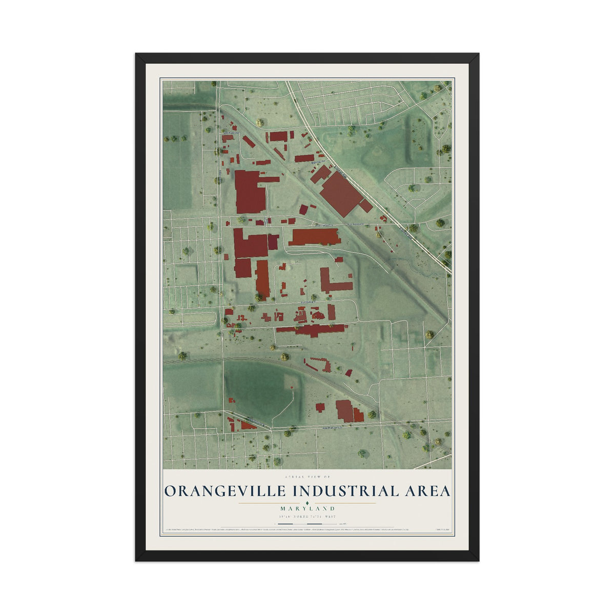 Map of Orangeville Industrial Area, Maryland, 12 x 18 inch print in a black wood frame
