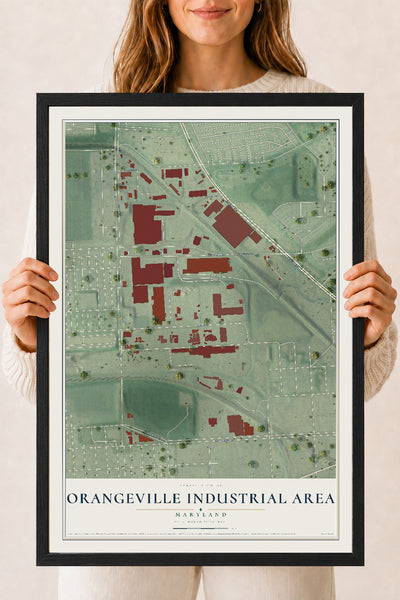 Map of Orangeville Industrial Area, Maryland, 18 x 24 inch print in a black wood frame