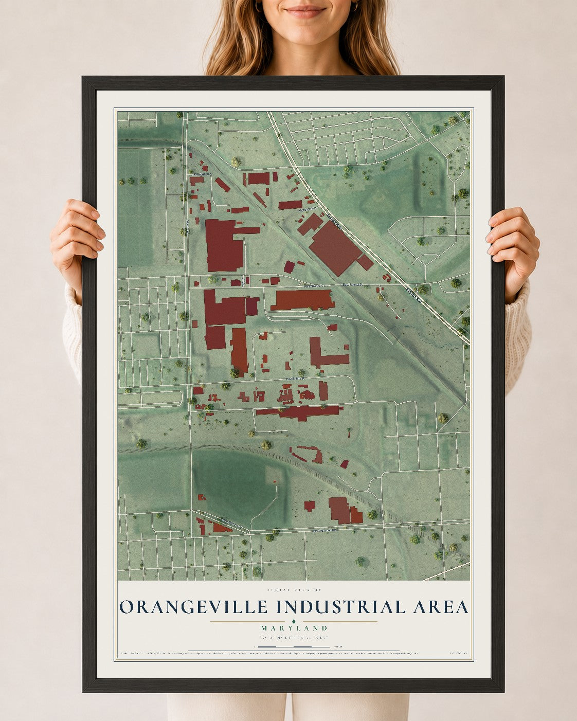 Map of Orangeville Industrial Area, Maryland, 24 x 36 inch print in a black wood frame