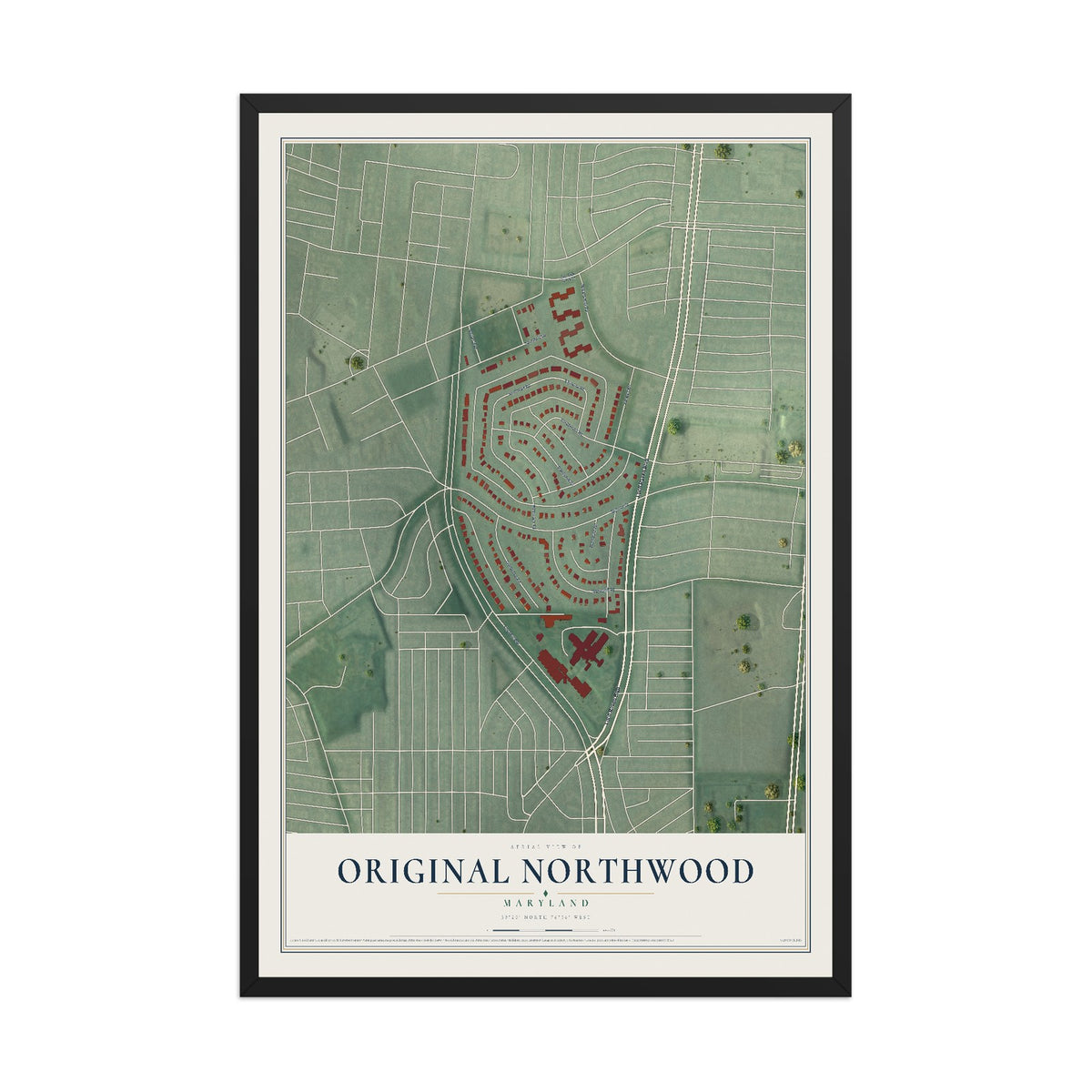 Map of Original Northwood, Maryland, 12 x 18 inch print in a black wood frame