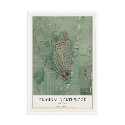 Map of Original Northwood, Maryland, 12 x 18 inch print in a white wood frame