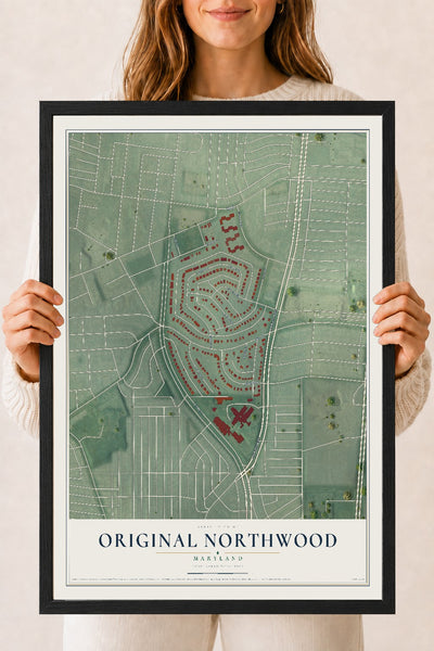 Map of Original Northwood, Maryland, 18 x 24 inch print in a black wood frame