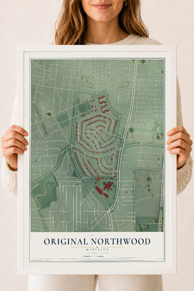 Map of Original Northwood, Maryland, 18 x 24 inch print in a white wood frame