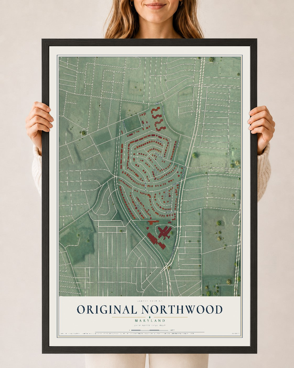 Map of Original Northwood, Maryland, 24 x 36 inch print in a black wood frame
