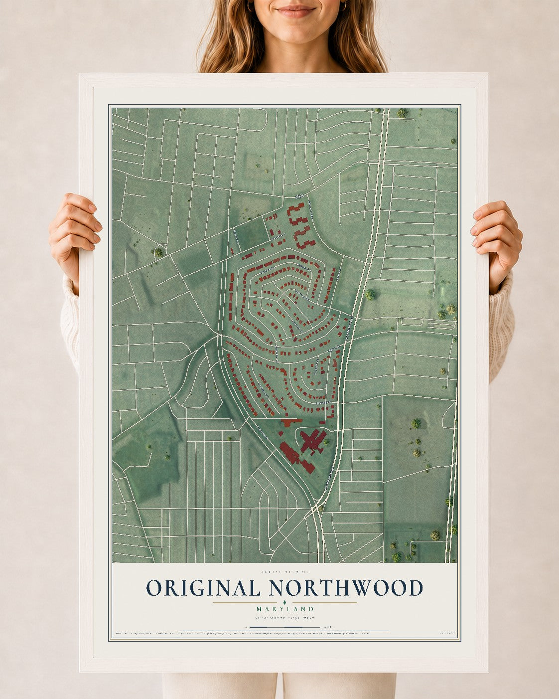 Map of Original Northwood, Maryland, 24 x 36 inch print in a white wood frame
