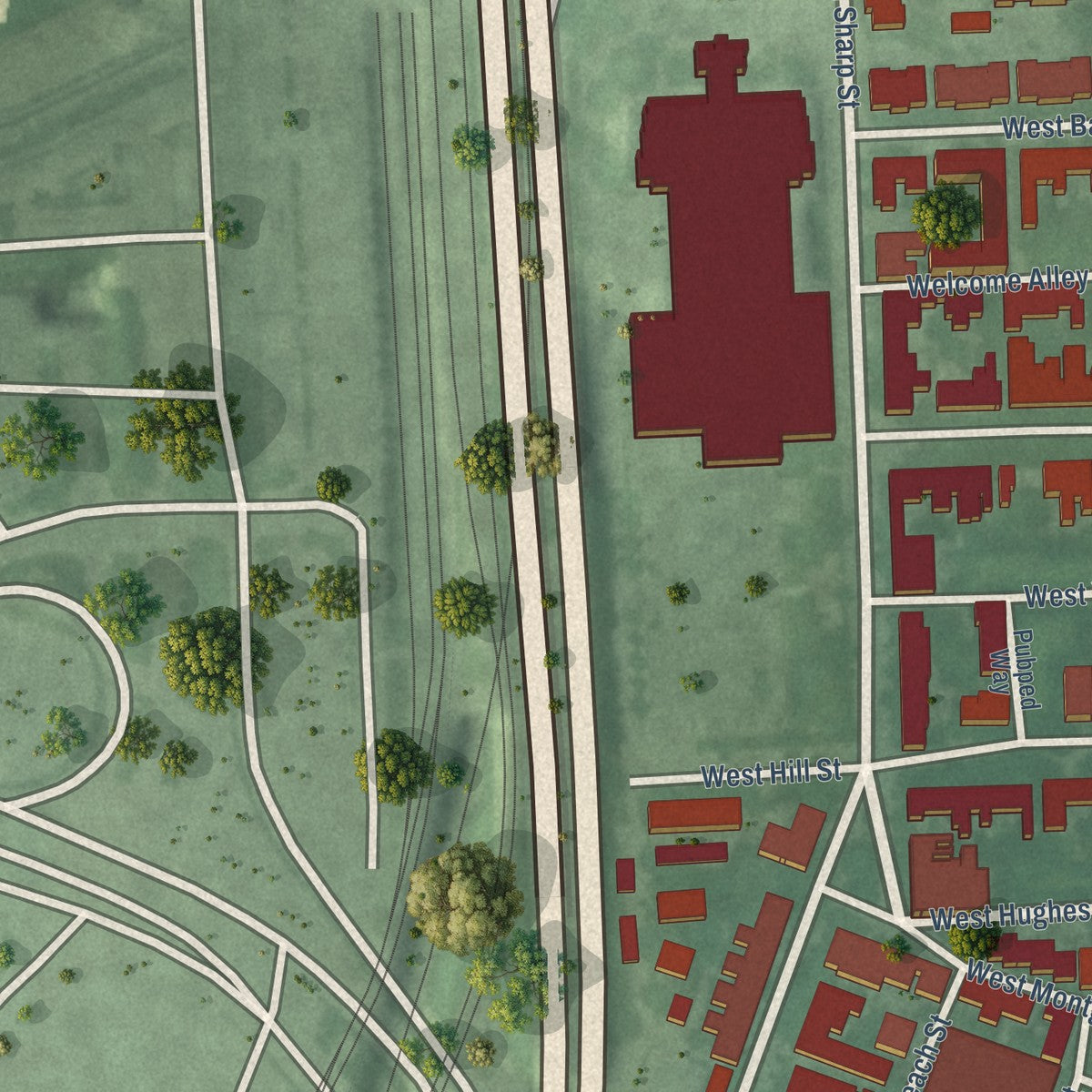 Close-up of the map of Otterbein, Maryland print showing street and building detail
