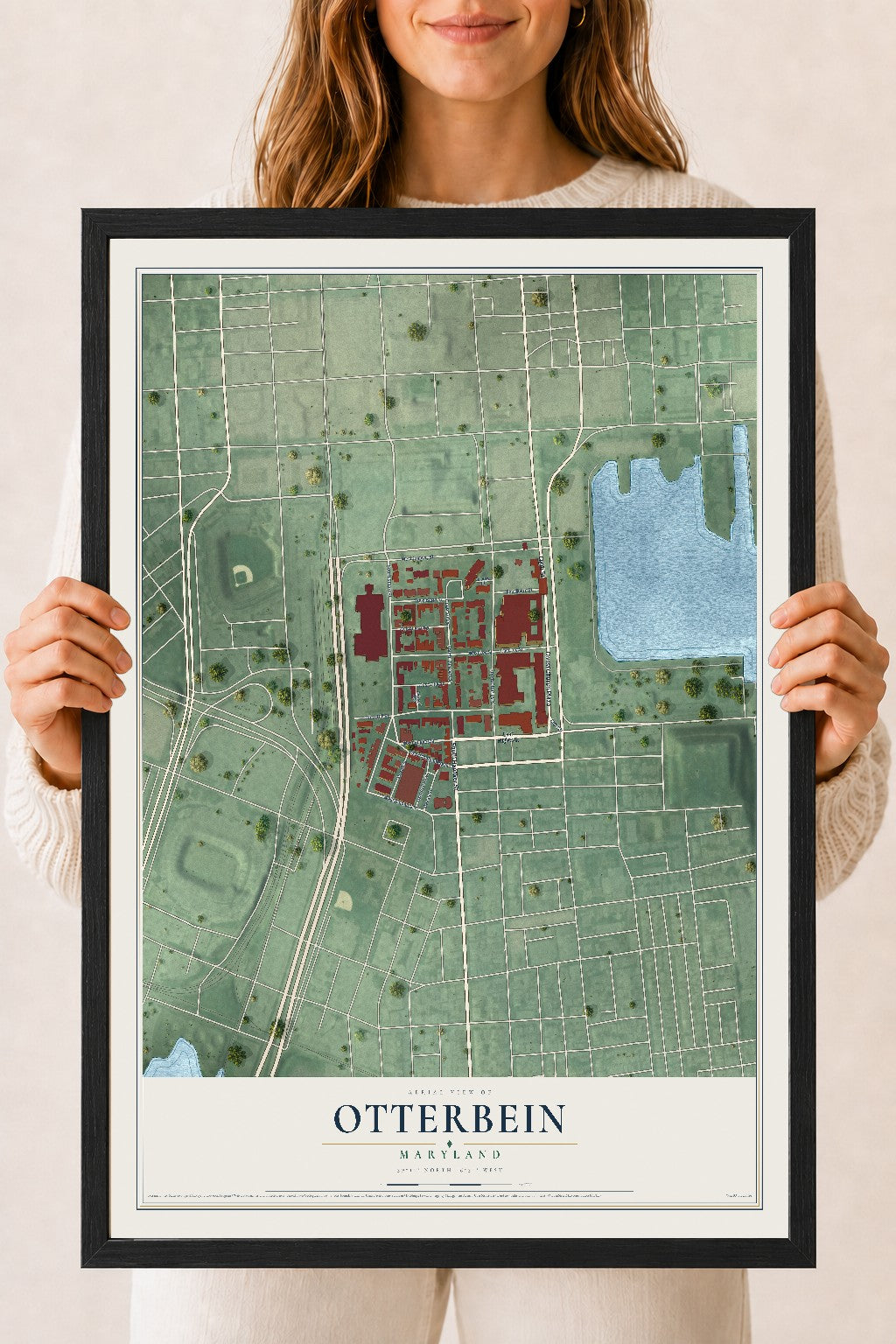 Map of Otterbein, Maryland, 18 x 24 inch print in a black wood frame