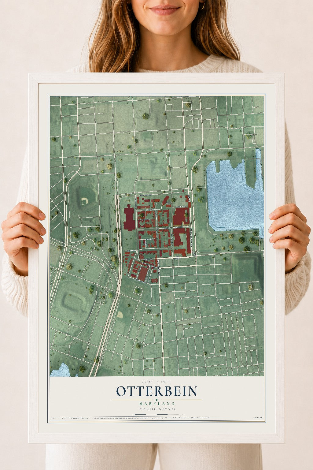 Map of Otterbein, Maryland, 18 x 24 inch print in a white wood frame