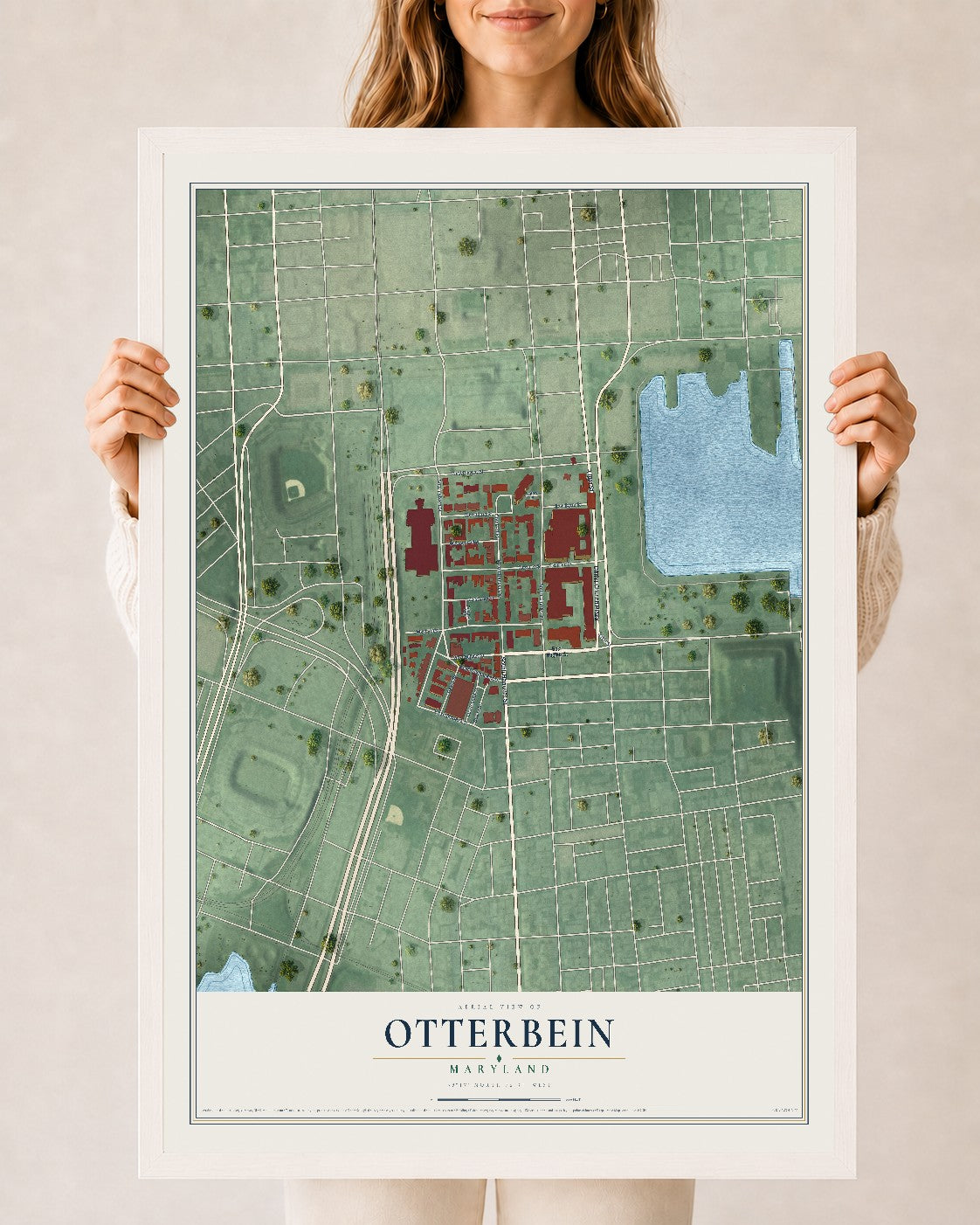 Map of Otterbein, Maryland, 24 x 36 inch print in a white wood frame