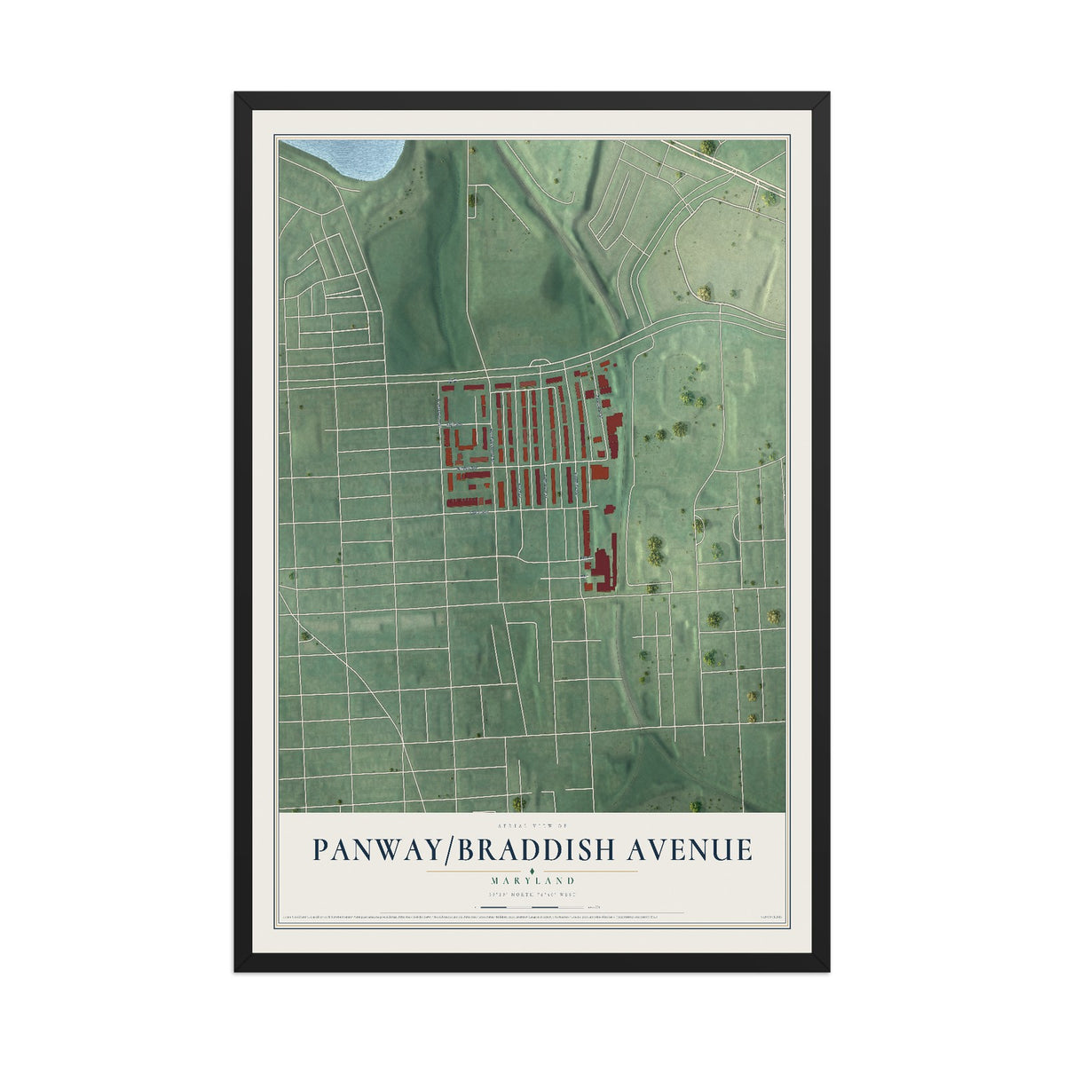 Map of Panway-Braddish Avenue, Maryland, 12 x 18 inch print in a black wood frame