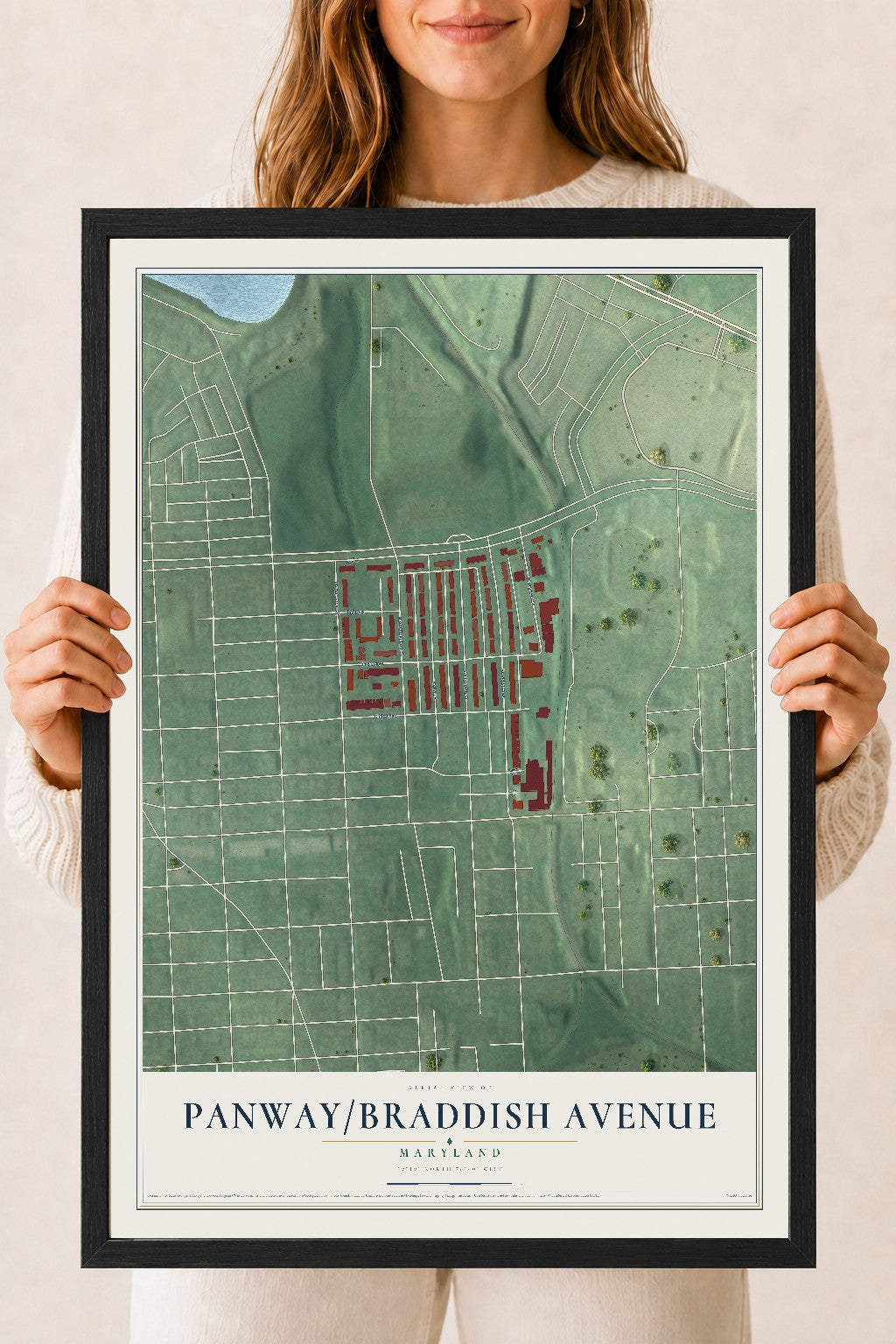 Map of Panway-Braddish Avenue, Maryland, 18 x 24 inch print in a black wood frame
