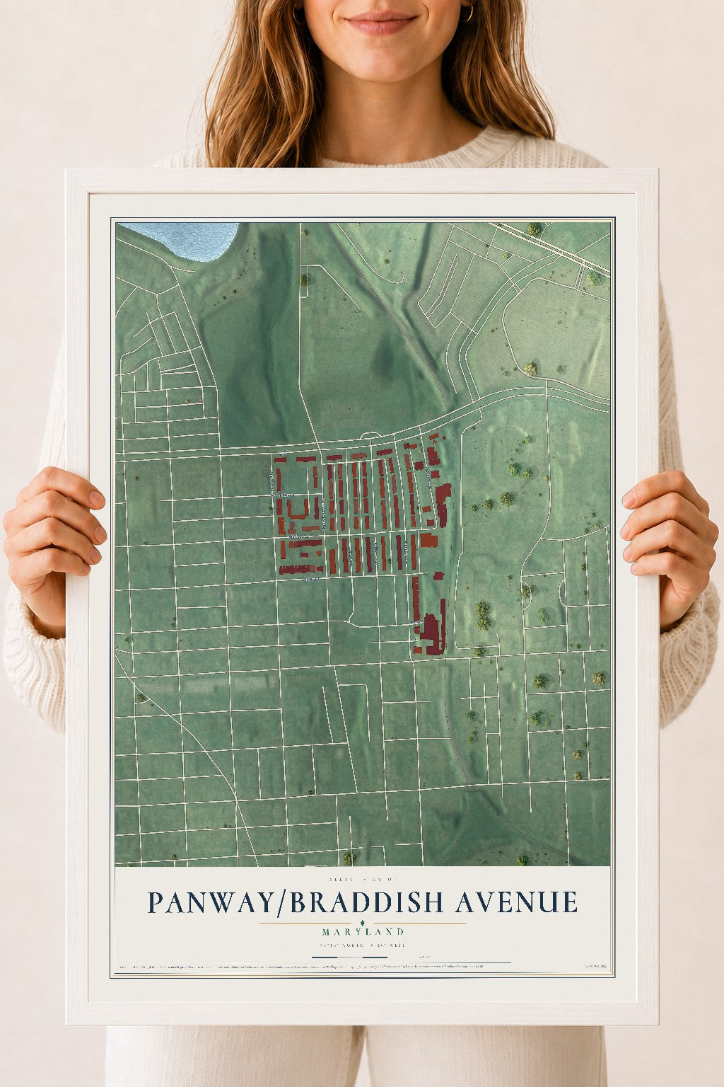 Map of Panway-Braddish Avenue, Maryland, 18 x 24 inch print in a white wood frame