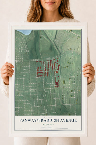 Map of Panway-Braddish Avenue, Maryland, 18 x 24 inch print in a white wood frame
